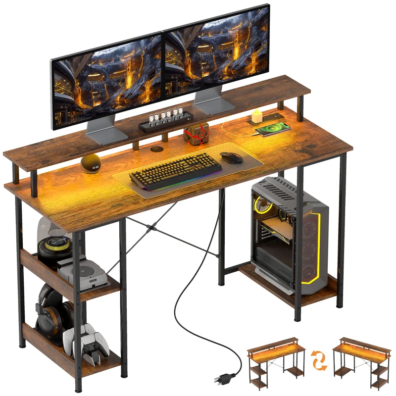 HOMCOM Computer Desk with Storage, 55" Reversible Computer Table with Power Outlets and LED Lights, Rustic Brown