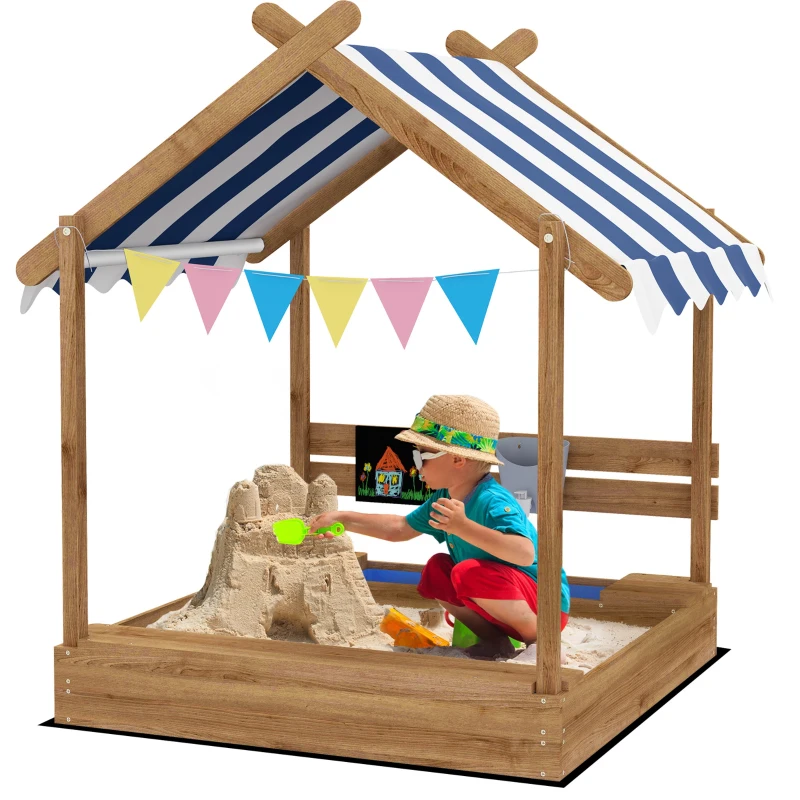 Outsunny Wooden Sandbox with Canopy, House Design for 3-7 Years Old, Brown