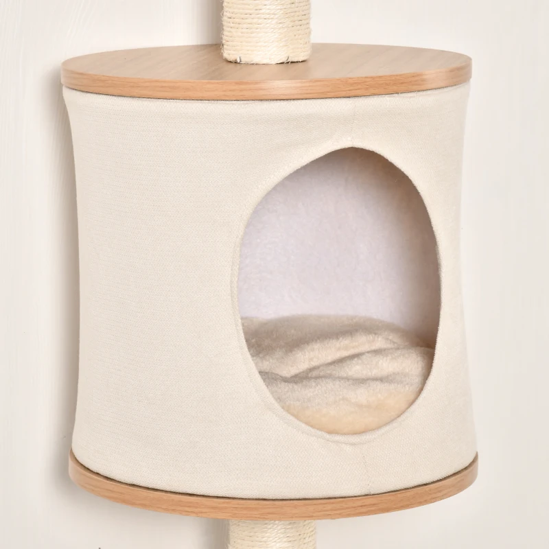 PawHut 4-Level Wall-Mounted Cat Tree Activity Tower, Wall Cat Shelves with Sisal Rope Scratching Posts, Cat Condo and Bed, Light Brown