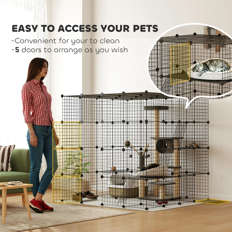 PawHut Detachable Metal Cat Cage with Platforms, Ramps, Accessories, for 1-3 Cats, 55", Black