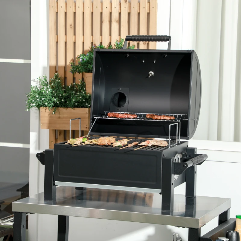 Outsunny Tabletop Charcoal Grill, Portable BBQ with Ash Catcher and Thermometer for Backyard, Camping, Picnic, Black