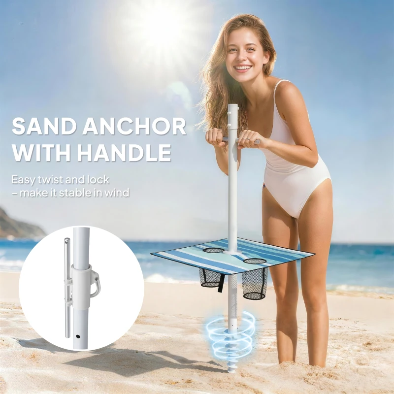 Outsunny 6 ft Portable Beach Umbrella with Foldable Table, Tilting Outdoor Sun Shade with Sand Anchor, Sandbag, Dark Blue
