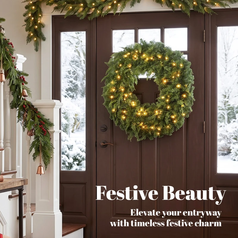 HOMCOM 36" Prelit Crestwood Spruce Artificial Christmas Wreath, Christmas Decor with Bow, LEDs, 8 Modes, Realistic Tips