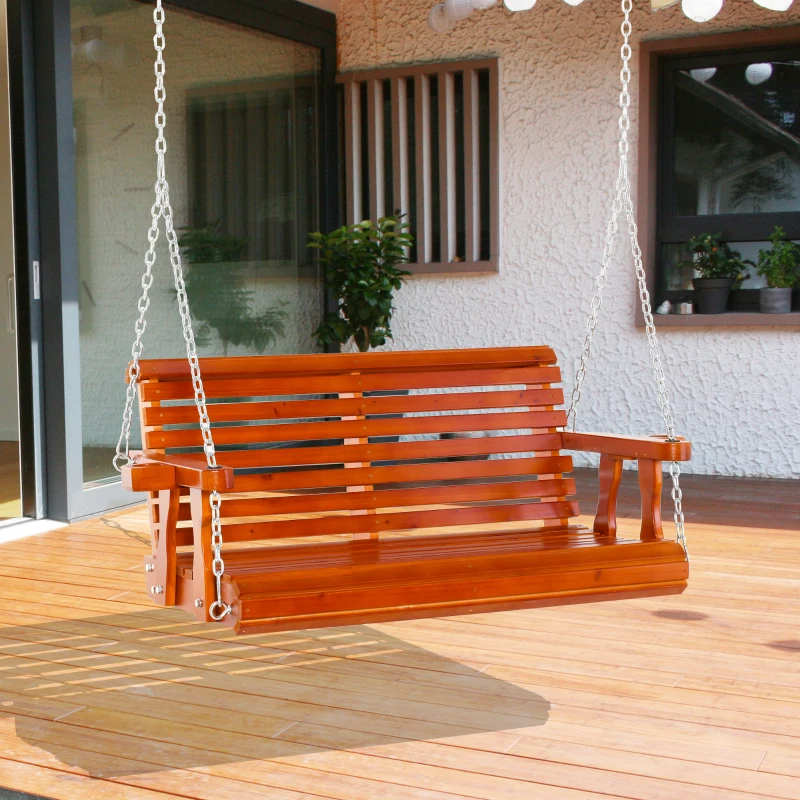 Outsunny 46" 2-Person Porch Swing Wooden Patio Swing Bench with Cup Holders, Slatted Design, Chains, 440lb Weight Capacity, Brown
