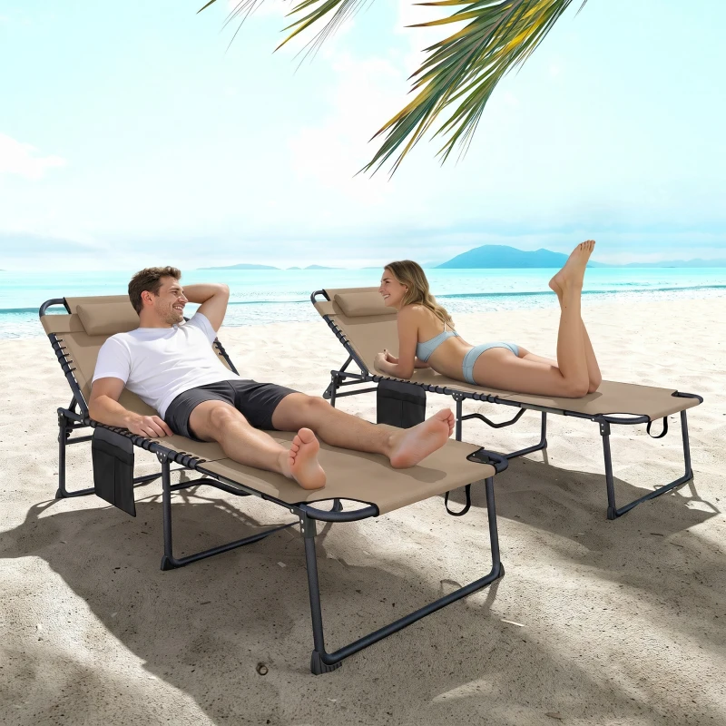 Outsunny 2 Piece Folding Chaise Lounge Pool Chairs with 5-level Reclining Back, Reading Hole, Side Pocket, Beige