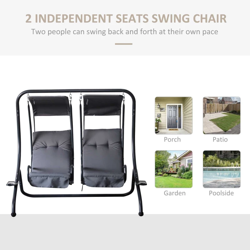 Outsunny Patio Swing Chair with 2 Separate Seats, Outdoor Swing Glider with Removable Canopy and Cup Holders, for Porch, Garden, Poolside, Backyard, Gray
