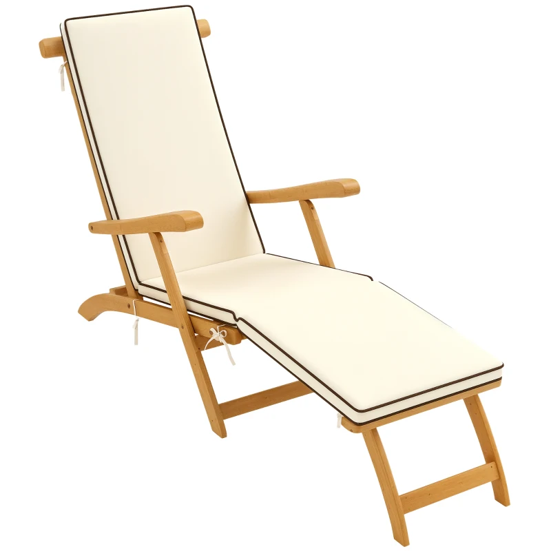 Outsunny Folding Patio Lounge Chair with Padded Cushion, Acacia Wood Patio Lounger Recliner with Footrest for Garden, White