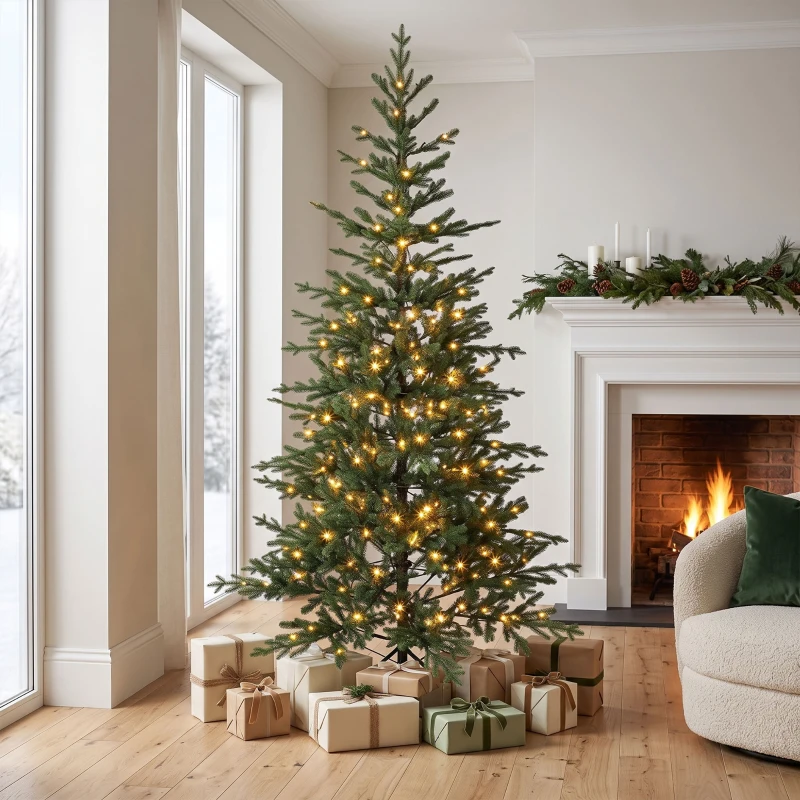 HOMCOM 7ft Prelit Sparse Christmas Tree with Downswept Hinges Warm White LED Lights, Green