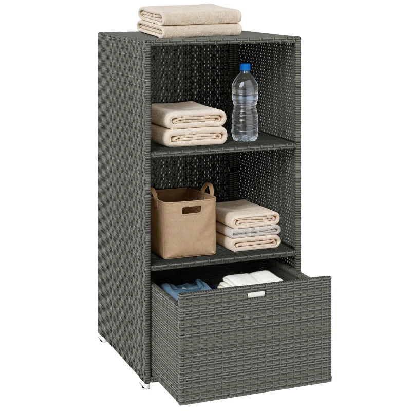 Outsunny Valet Pool Towel Rack, Water-Resistant PE Plastic Rattan Wicker Storage Organizer, 2 Shelves, 1 Basket Drawer, Dark Gray