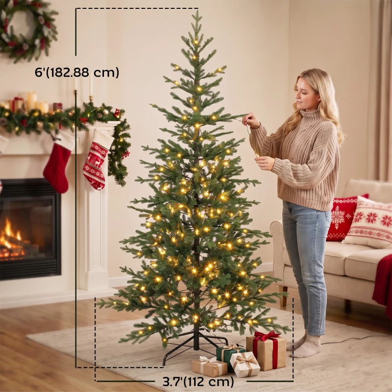 HOMCOM 6ft Prelit Sparse Christmas Tree with Downswept Hinges Warm White LED Lights, Green