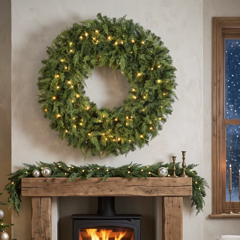 HOMCOM 48" Prelit Crestwood Spruce Artificial Christmas Wreath, Christmas Decor with Bow, LEDs, 8 Modes, Realistic Tips