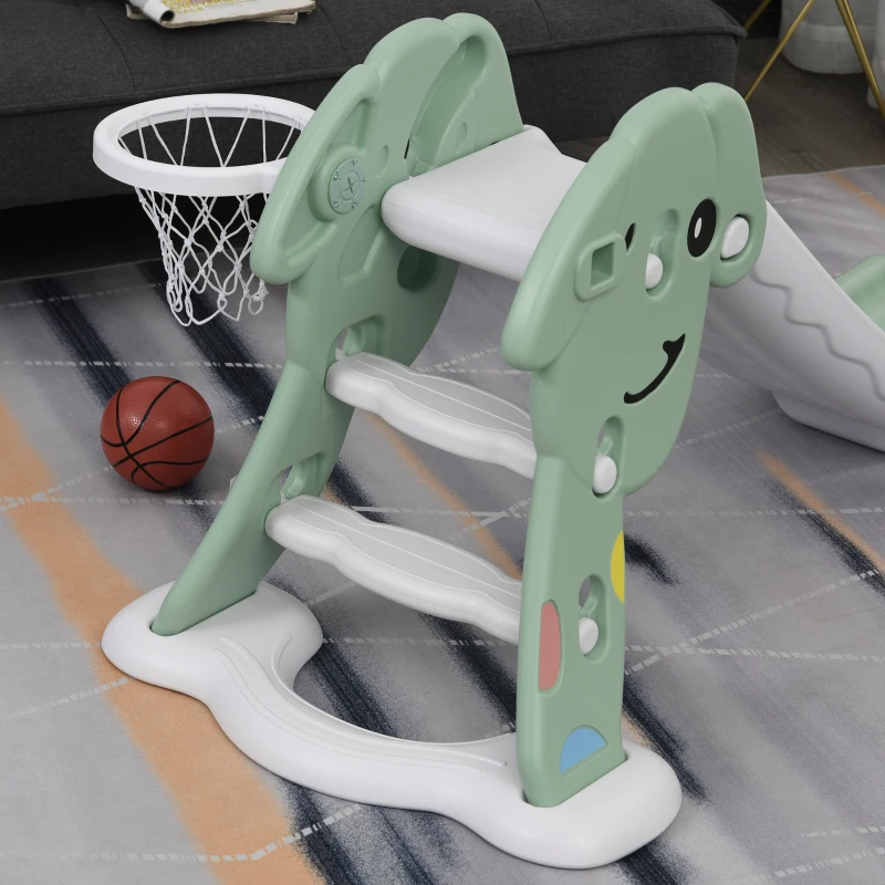 Qaba kids Slide for Indoor and Outdoor, Toddler Freestanding Slide Climber Toy for 18-48 Months Basketball Hoop, Ball and Inflator, Green