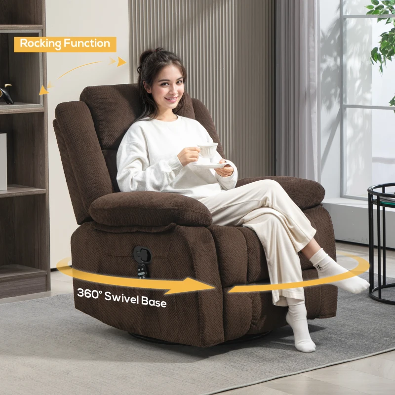 HOMCOM Recliner Massage Armchair with Heat, Oversized Swivel Rocker with Footrest, Remote and Side Pockets, Brown
