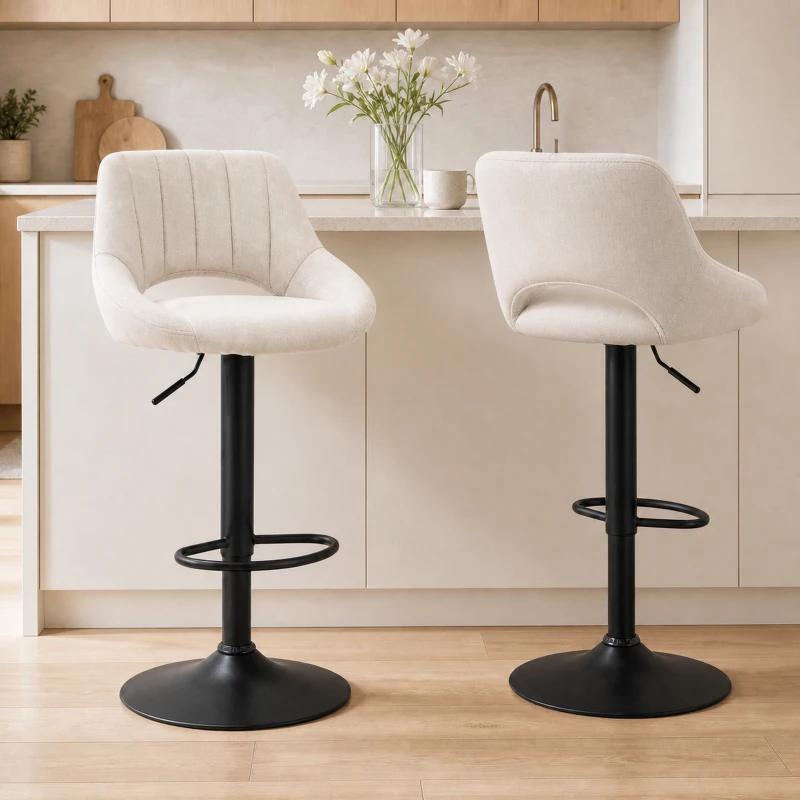 HOMCOM Bar Stools Set of 2 Swivel Bar Height Barstools Chairs with Adjustable Height, Round Heavy Metal Base, Footrest, Cream