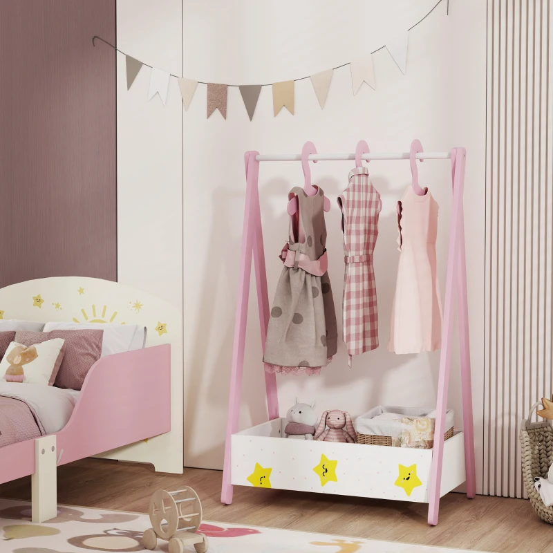 Qaba Kids Clothing Rack with Storage Shelf, Hangers, for Nursery Room, Living Room, Playroom, Pink