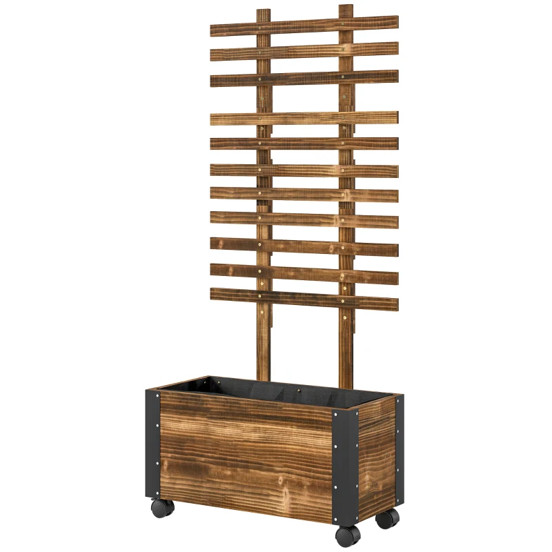 Outsunny Wooden Raised Garden Bed, Planter Box w/ Trellis and Metal Corners, Portable on Wheels for Patio, Backyard, Deck, Brown
