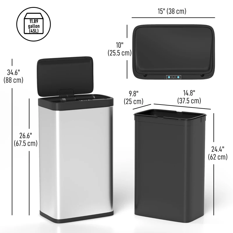 HOMCOM 12 Gallon (45 L) Sensor Can, Automatic Garbage Can with Soft-Close Lid, Fingerprint-Proof Stainless Steel, Silver
