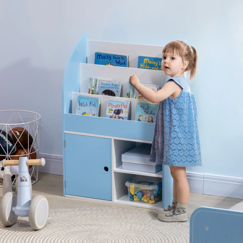 Qaba Toy Storage Organizer, Kids Bookshelf, Freestanding Children Bookcase with Cabinet for Toys Clothes Books, Blue
