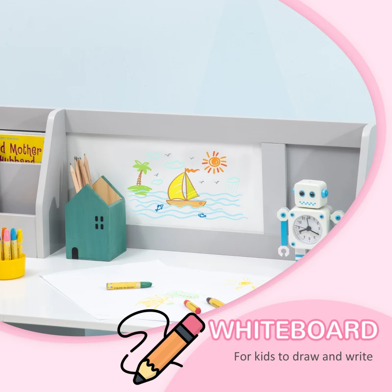 Qaba Toddler Table and Chair Set, Kids Writing Desk Homework Table with Whiteboard, Storage Cabinet, Gray