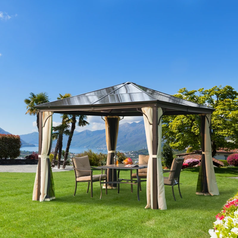 Outsunny 10' x 10' Hardtop Gazebo Canopy with Polycarbonate Roof, Aluminum Frame, Permanent Pavilion Outdoor Gazebo with Netting, for Patio, Garden, Backyard, Deck, Lawn, Black, Beige