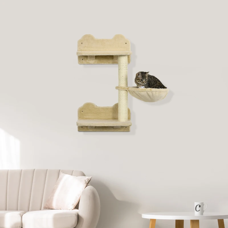 PawHut Wall-Mounted Cat Tree with Hammock for a Cute Cat Bed, Modern Cat Tree with Scratching Post & Cat Shelves, Climbing Playground Kitty Tower