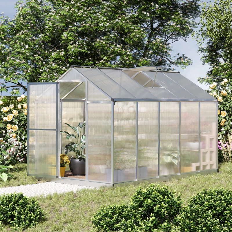 Outsunny 10' L x 6' W Walk-In Polycarbonate Greenhouse with Roof Vent for Ventilation & Rain Gutter for Winter