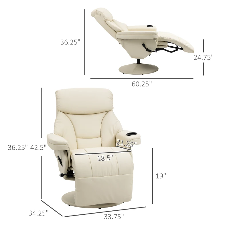 HOMCOM Manual Recliner, Swivel Lounge Armchair with Side Pocket, Footrest and Cup Holder, Cream White