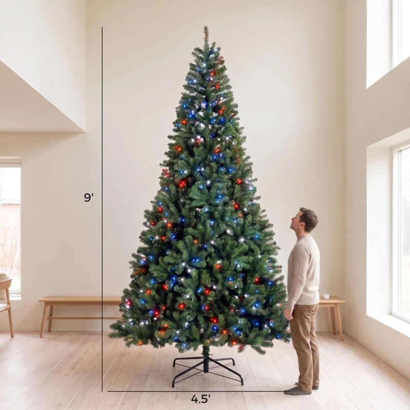 HOMCOM 9ft Prelit Christmas Tree with RGB Dynamic LEDs, Remote Control, Daily Timer, Hinged Xmas Tree, Easy Assembly