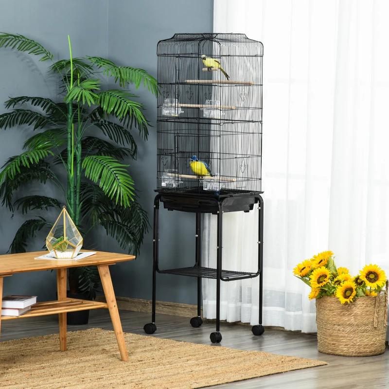 PawHut 60" Metal Indoor Bird Cage Starter Kit with Detachable Rolling Stand, Storage Basket, and Accessories, Black