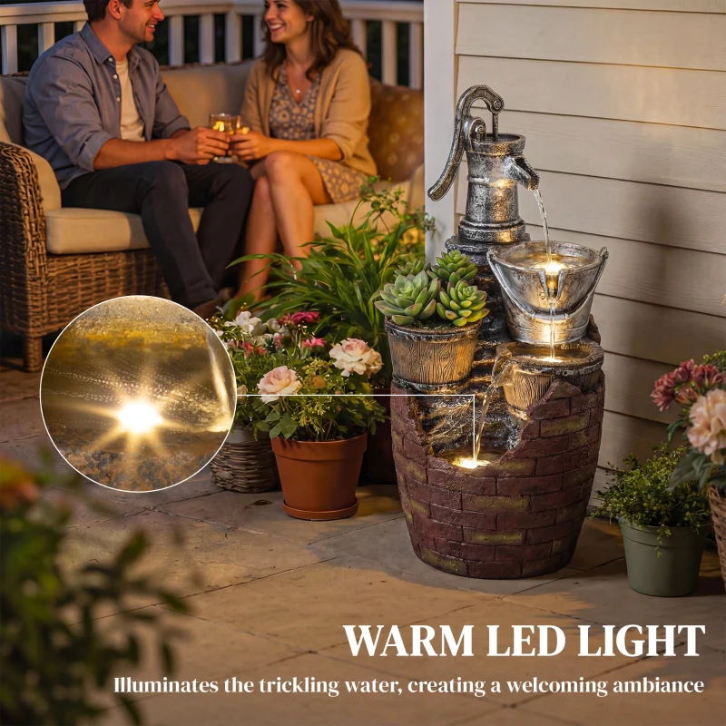 Outsunny 4-Tier Outdoor Fountain with Planter, Cascading Waterfall Feature with LED Lights, Rustic Brown and Grey