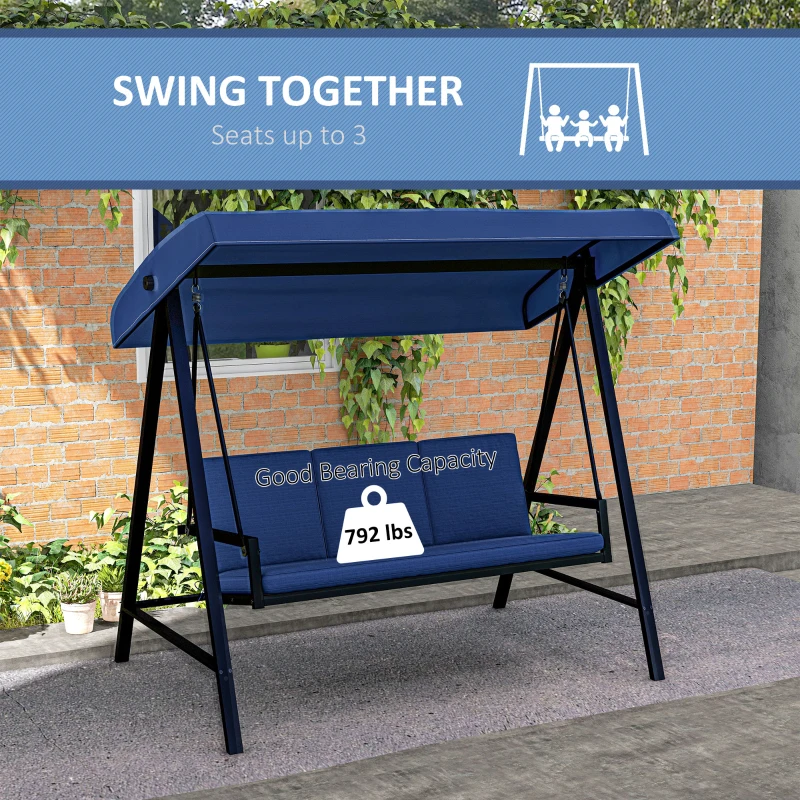 Outsunny 3-Person Patio Swing Chair, Outdoor Porch Swing with Adjustable Canopy, Removable Cushions for Garden, Backyard, Blue