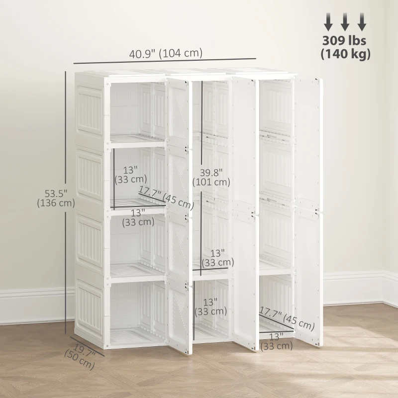HOMCOM Portable Wardrobe, Foldable Plastic with 8 Compartments, 2 Hanging Rods and Magnetic Doors, White