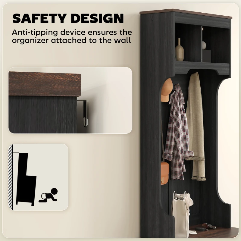 HOMCOM 3-in-1 Hall Tree with Shoe Storage, Coat Rack with Bench, Entryway Furniture with Five Hooks, Black Wood Grain
