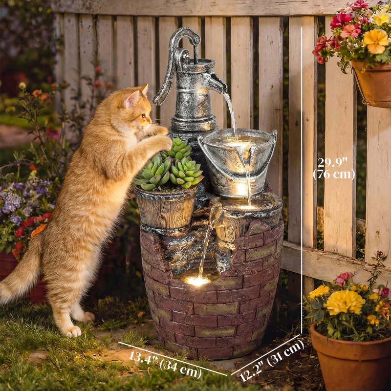 Outsunny 4-Tier Outdoor Fountain with Planter, Cascading Waterfall Feature with LED Lights, Rustic Brown and Grey