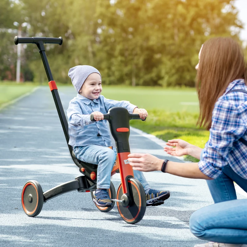 Aosom 4-in-1 Toddler Tricycle, Adjustable Balance Bike, Kids Bike, Baby Bicycle Push Trike for Kids 2-4 with Folding Trike Handle, Outdoor Toy for Toddlers & Kindergarteners, Red