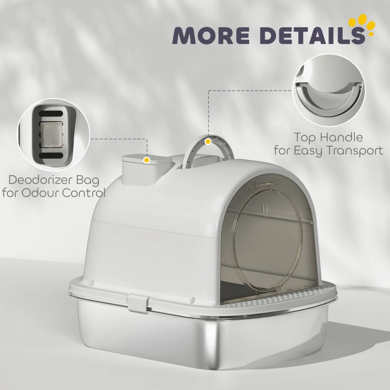 PawHut Enclosed Stainless Steel Litter Box, Metal Cat Litter Box with Scoop, Deodorizer Bag, Handle, Easy to Clean