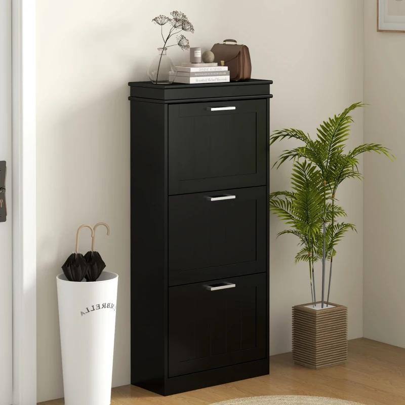 HOMCOM Modern Shoe Storage Cabinet with 3 Flip Drawers for 15 Pairs, Narrow Shoe Organizer for Entryway, Hallway, Black