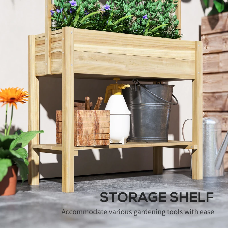 Outsunny Wooden Raised Garden Bed with Trellis, Outdoor Planter Box with Storage Shelf for Vegetables, Flowers, Herbs