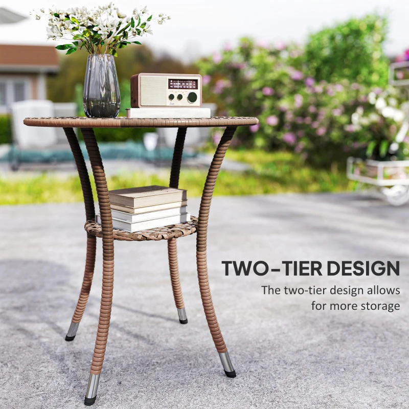 Outsunny Outdoor Rattan Dining Table, Patio Wicker Round Coffee Table with 2-Tier Storage Shelf, Brown