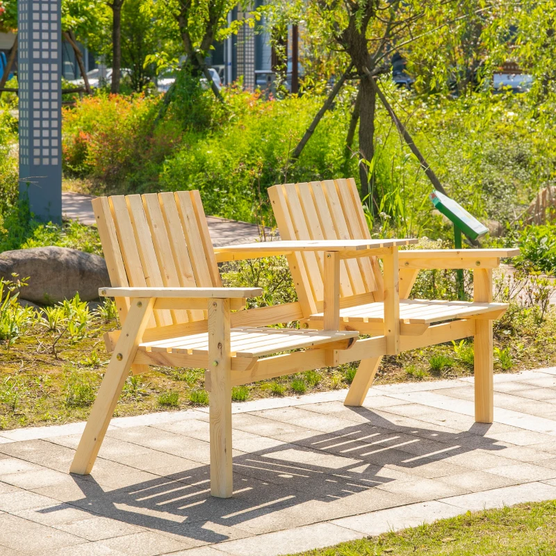 Outsunny Patio Bench, Garden Bench with Middle Table and Umbrella Hole, Wooden Outdoor Bench for Patio, Porch, Poolside, Balcony, Natural