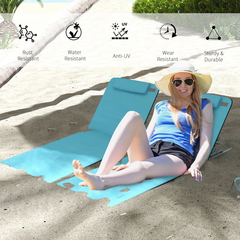 Outsunny 2 Pieces Beach Lounge Chair, Outdoor Folding Chaise Lounge Set w/ Pillow for Sunbath, Snap, Blue