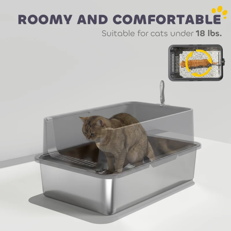 PawHut Extra Large Stainless Steel Cat Litter Box with Scoop & Pad, Anti-Urine Leakage, Easy Cleaning, Non-Sticky