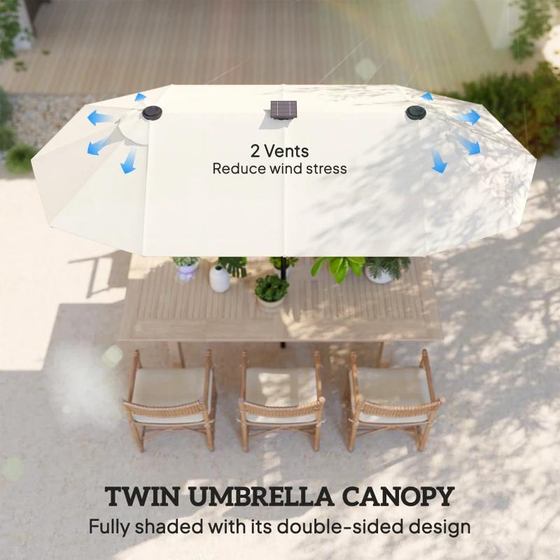 Outsunny 10ft Double-Sided Patio Umbrella with 35 LED Lights, 12 ribs, Extra Large Outdoor Parasol with Twin Canopy, Beige