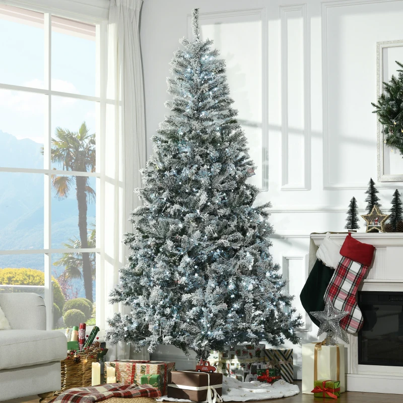 HOMCOM 7.5' Prelit Artificial Flocked Christmas Trees, with Snow Frosted Branches, Cold White LED Lights, Auto Open