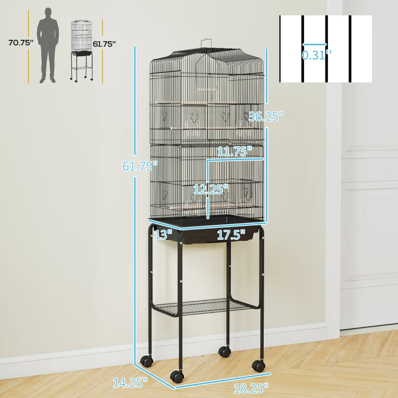 PawHut 60" Metal Indoor Bird Cage Starter Kit with Detachable Rolling Stand, Storage Basket, and Accessories, Black