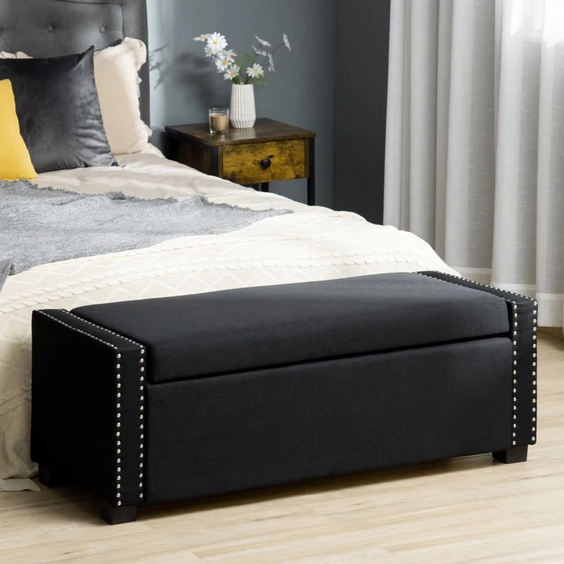 HOMCOM Nailhead Trim Upholstered Flip Top Storage Bench, Fabric Ottoman for Bedroom, or Living room, Dark Grey