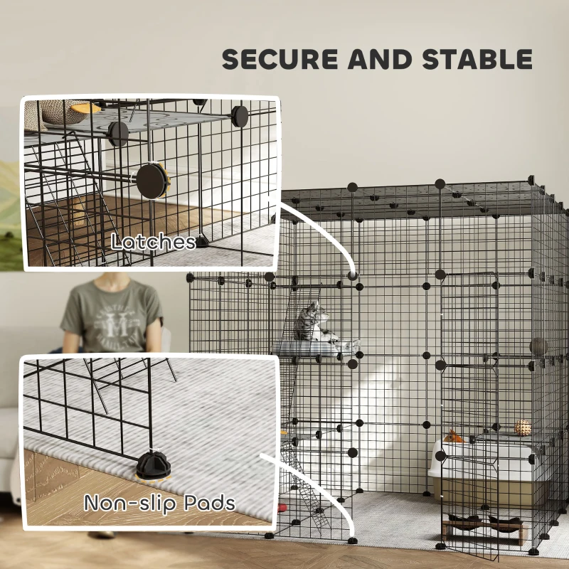 PawHut Detachable Metal Cat Cage with Platforms, Ramps, Accessories, for 1-3 Cats, 55", Black