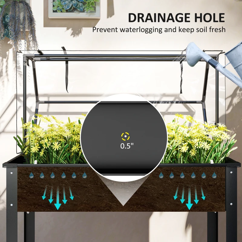 Outsunny Elevated Garden Box with Greenhouse Cover, Raised Garden Bed with Legs and Drainage Hole for Vegetables, Black