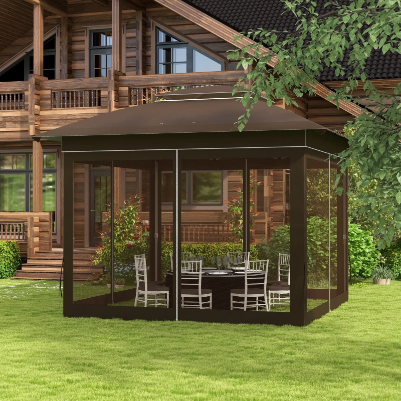 Outsunny 12' x 12' Pop Up Canopy Tent with Netting and Carry Bag, Instant Sun Shelter with 137 sq.ft Shade, Dark Brown