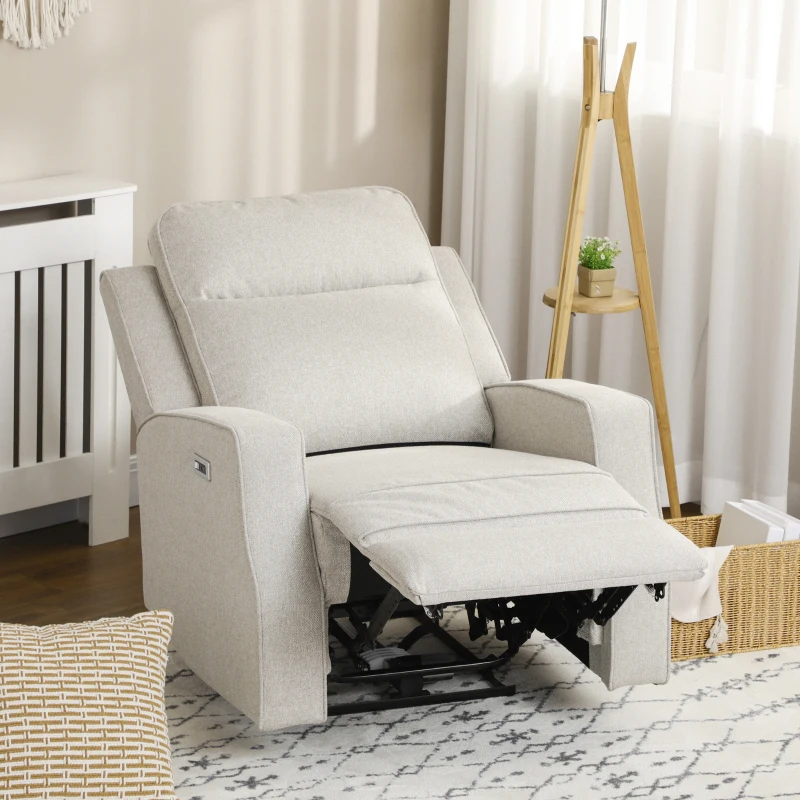 HOMCOM Electric Power Recliner, Wall Hugger Armchair with USB Charging Station, Sofa Recliner with Linen Upholstered Seat and Retractable Footrest, Cream White